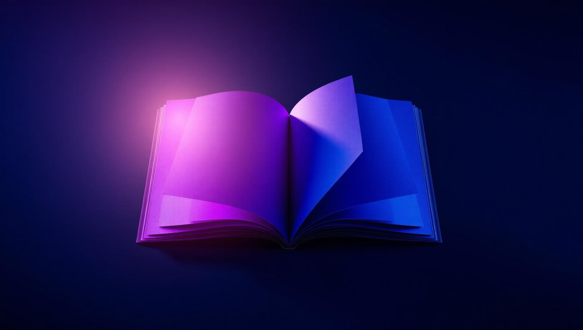 Abstract indigo and violet open-book artwork on a midnight background