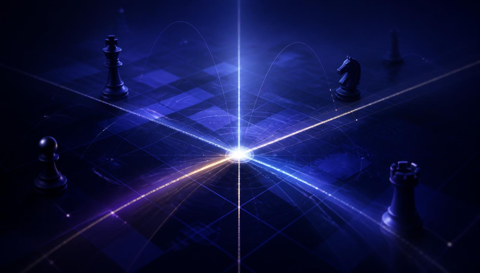 Abstract strategy board with converging light paths representing AI-driven competitive intelligence