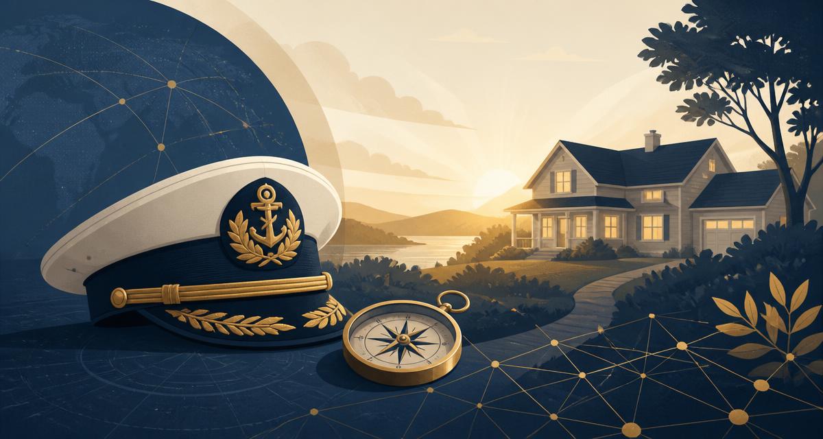 Illustration of a naval officer's cap and compass beside a family home at sunrise, connected by network lines